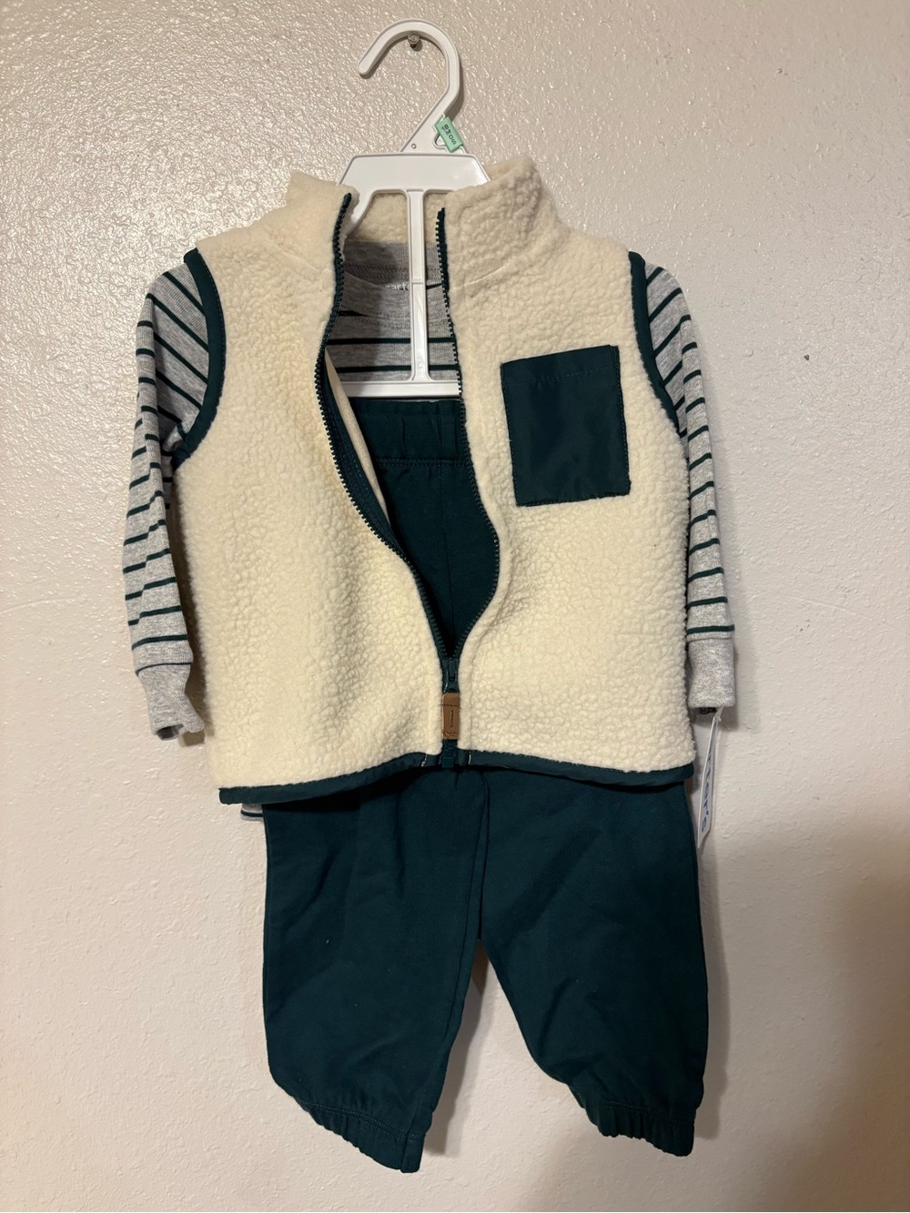 Carter's Cream Sherpa Vest and Green Striped Set